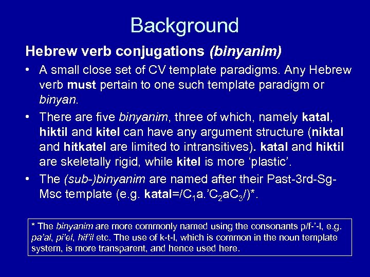 Background Hebrew verb conjugations (binyanim) • A small close set of CV template paradigms.