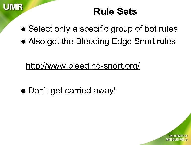 Rule Sets Select only a specific group of bot rules l Also get the