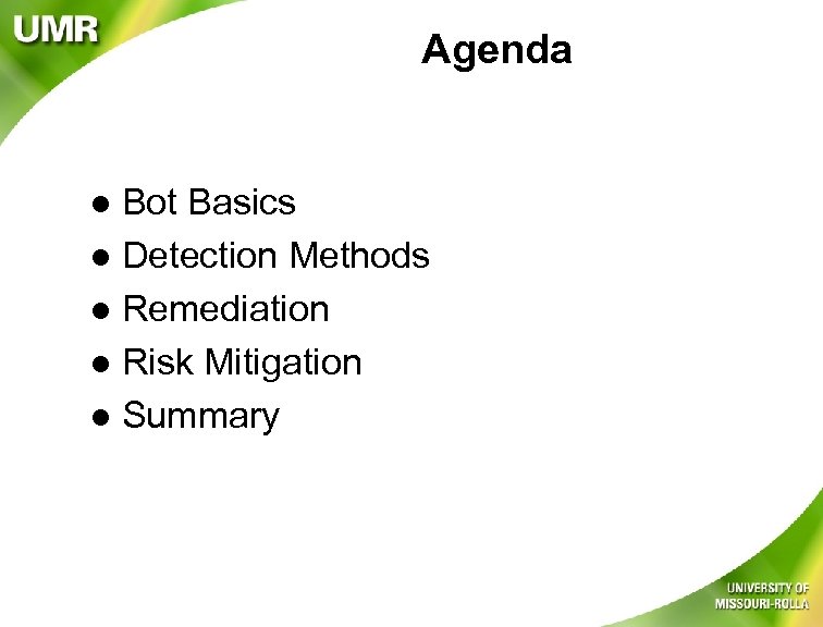 Agenda Bot Basics l Detection Methods l Remediation l Risk Mitigation l Summary l