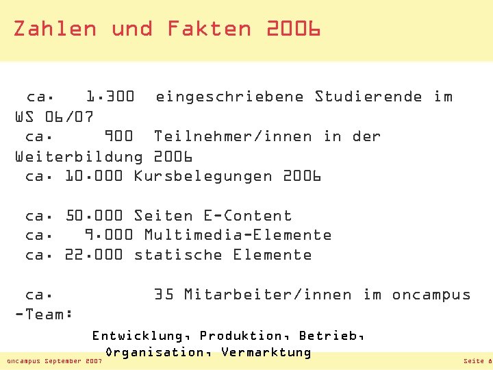 Zahlen und Fakten 2006 ca. 1. 300 eingeschriebene Studierende im WS 06/07 ca. 900