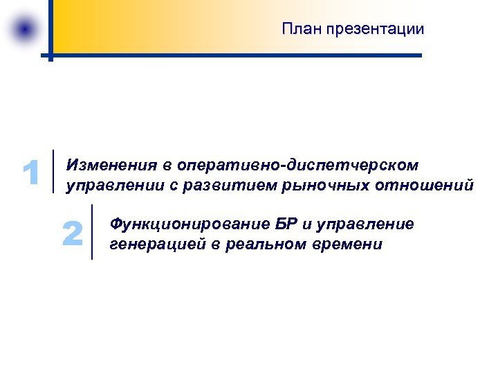 План презентации 1 Изменения в оперативно-диспетчерском управлении с развитием рыночных отношений 2 Функционирование БР