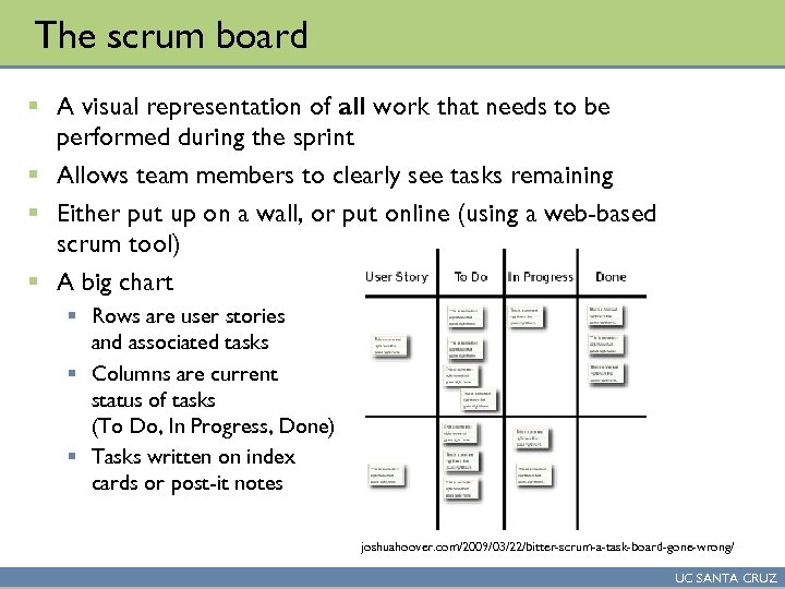 The scrum board § A visual representation of all work that needs to be