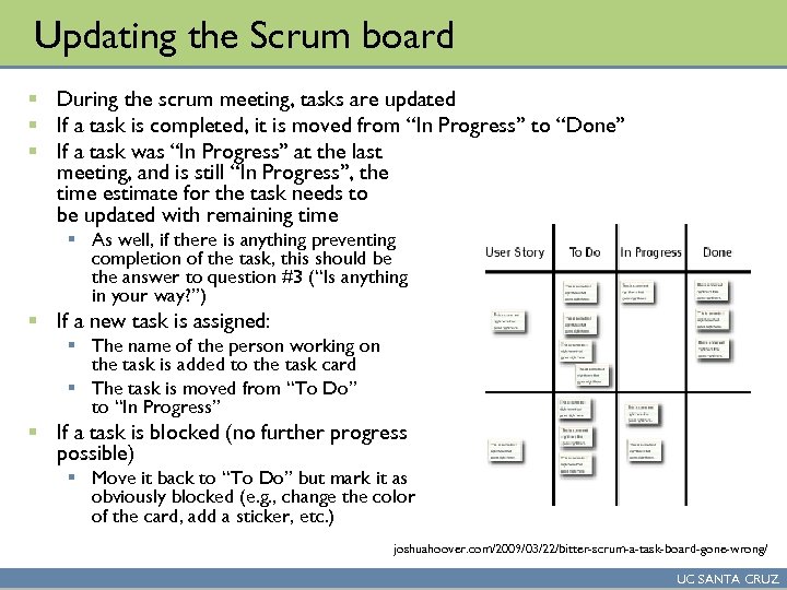 Updating the Scrum board § During the scrum meeting, tasks are updated § If