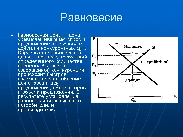 Равновесие n Равновесная цена — цена, уравновешивающая спрос и предложение в результате действия конкурентных