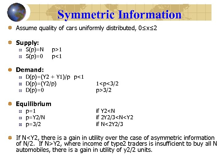 Symmetric Information Assume quality of cars uniformly distributed, 0≤x≤ 2 Supply: S(p)=N S(p)=0 p>1