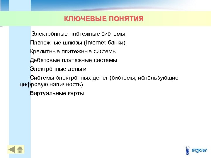 КЛЮЧЕВЫЕ ПОНЯТИЯ Электронные платежные системы Платежные шлюзы (Internet-банки) Кредитные платежные системы Дебетовые платежные системы