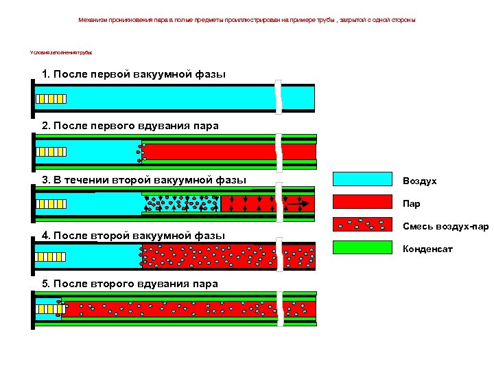 Механизм проникновения пара в полые предметы проиллюстрирован на примере трубы , закрытой с одной