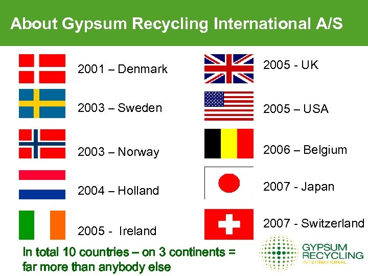 About Gypsum Recycling International A/S 2001 – Denmark 2005 - UK 2003 – Sweden