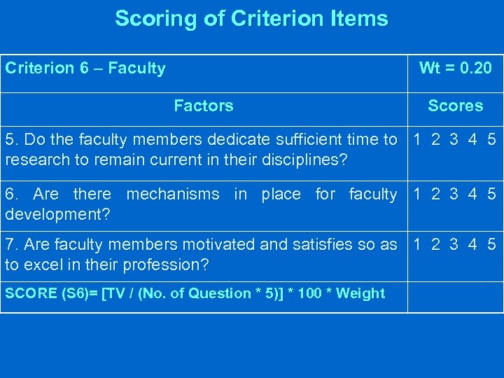 Scoring of Criterion Items Criterion 6 – Faculty Wt = 0. 20 Factors Scores