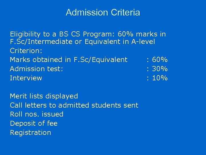 Admission Criteria Eligibility to a BS CS Program: 60% marks in F. Sc/Intermediate or