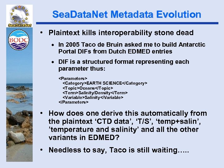 Sea. Data. Net Metadata Evolution • Plaintext kills interoperability stone dead · In 2005