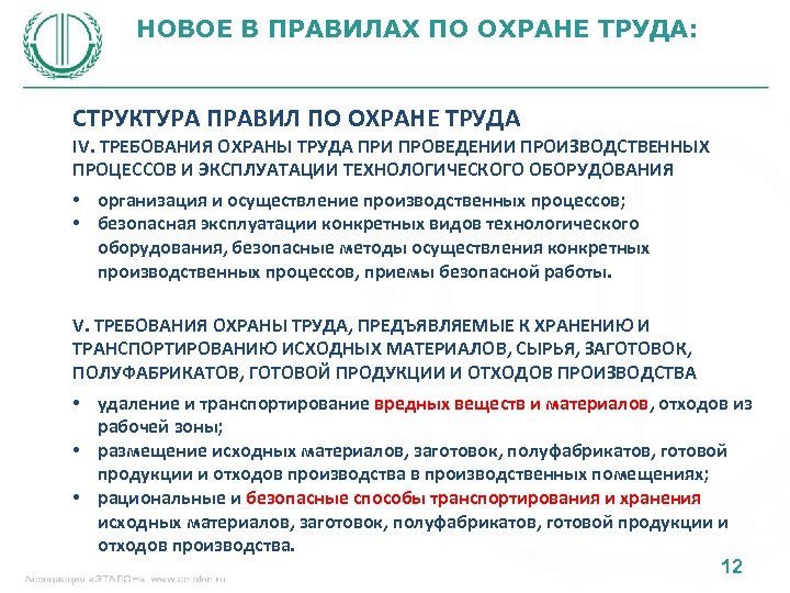 НОВОЕ В ПРАВИЛАХ ПО ОХРАНЕ ТРУДА: СТРУКТУРА ПРАВИЛ ПО ОХРАНЕ ТРУДА IV. ТРЕБОВАНИЯ ОХРАНЫ