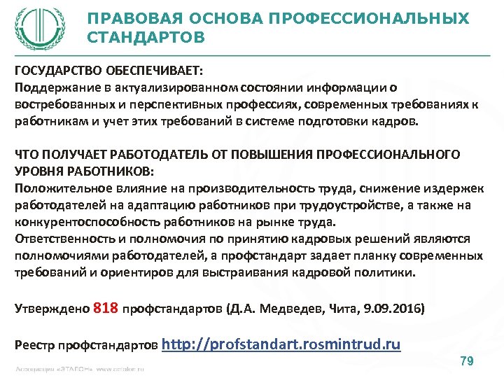 ПРАВОВАЯ ОСНОВА ПРОФЕССИОНАЛЬНЫХ СТАНДАРТОВ ГОСУДАРСТВО ОБЕСПЕЧИВАЕТ: Поддержание в актуализированном состоянии информации о востребованных и