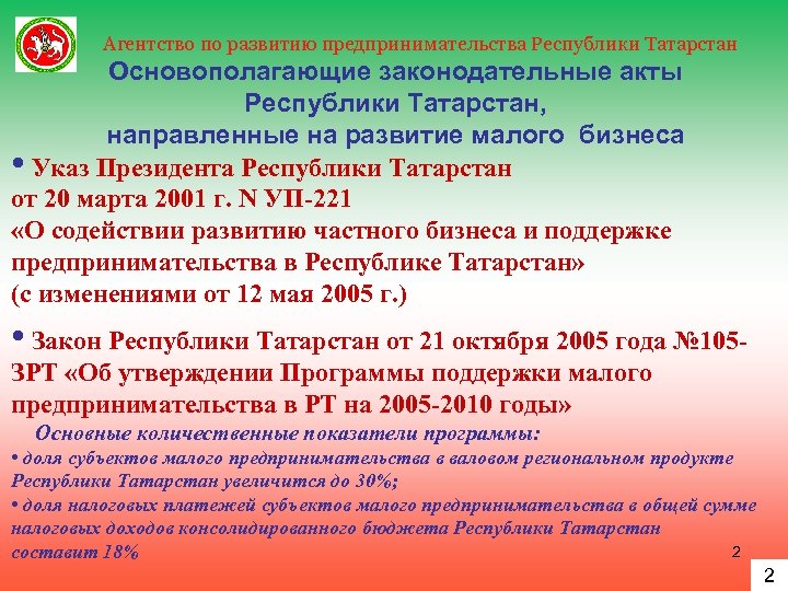 Агентство по развитию предпринимательства Республики Татарстан Основополагающие законодательные акты Республики Татарстан, направленные на развитие