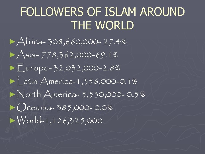FOLLOWERS OF ISLAM AROUND THE WORLD ► Africa- 308, 660, 000 - 27. 4%