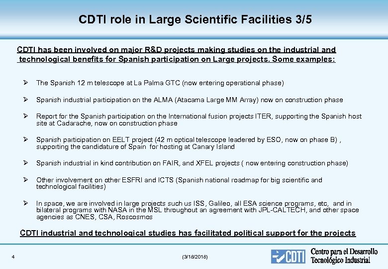 CDTI role in Large Scientific Facilities 3/5 CDTI has been involved on major R&D