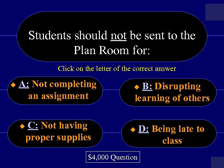 Students should not be sent to the Plan Room for: Click on the letter