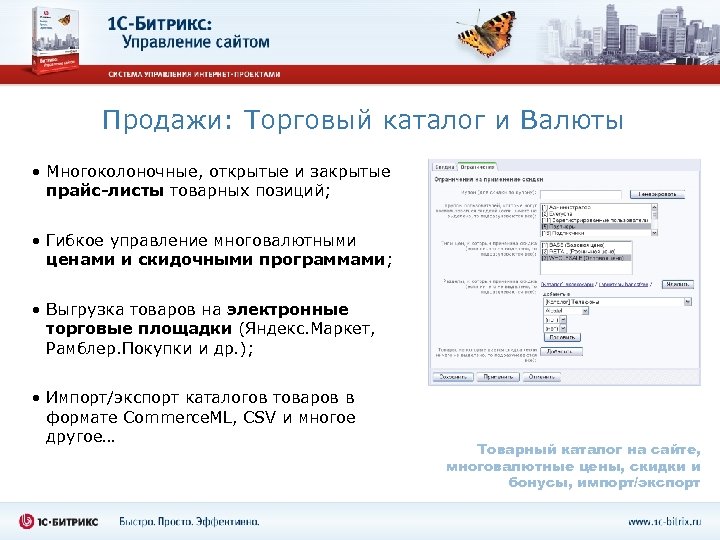 Продажи: Торговый каталог и Валюты • Многоколоночные, открытые и закрытые прайс-листы товарных позиций; •