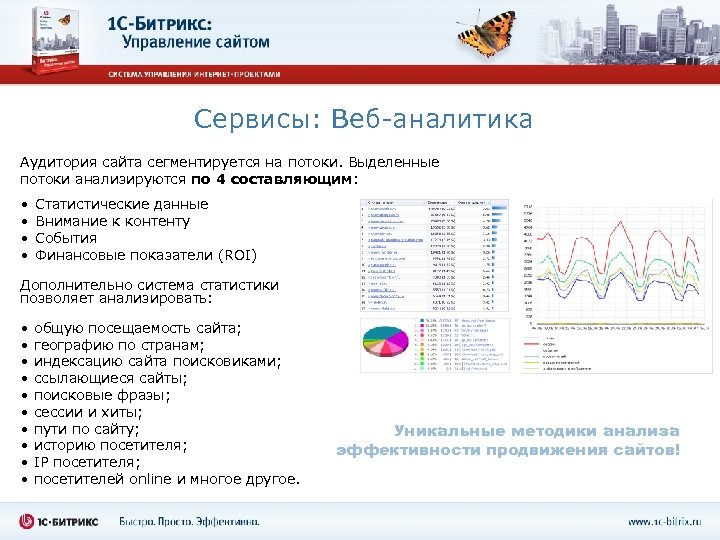 Сервисы: Веб-аналитика Аудитория сайта сегментируется на потоки. Выделенные потоки анализируются по 4 составляющим: •