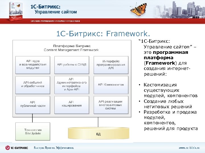 1 C-Битрикс: Framework. “ 1 C-Битрикс: Управление сайтом” – это программная платформа (Framework) для