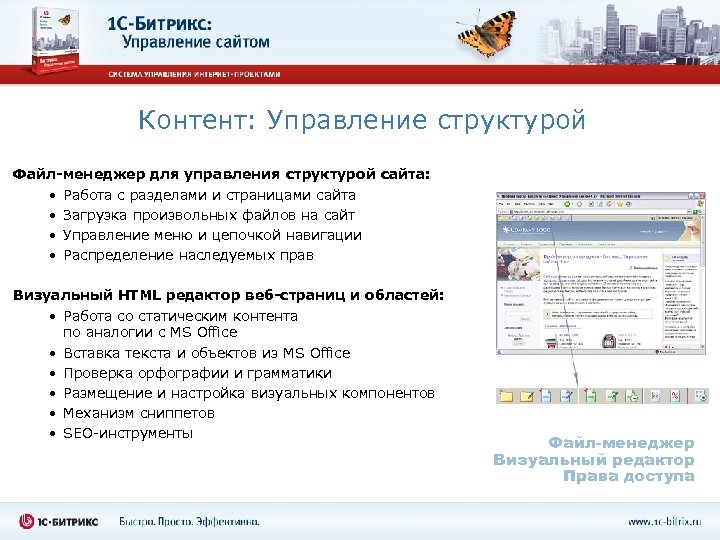 Контент: Управление структурой Файл-менеджер для управления структурой сайта: • Работа с разделами и страницами