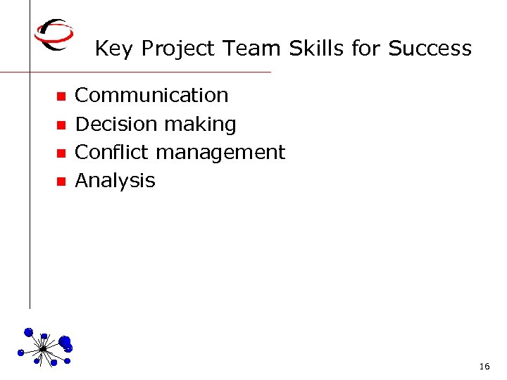 Key Project Team Skills for Success n n Communication Decision making Conflict management Analysis