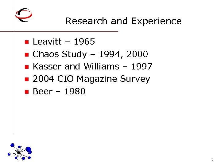 Research and Experience n n n Leavitt – 1965 Chaos Study – 1994, 2000