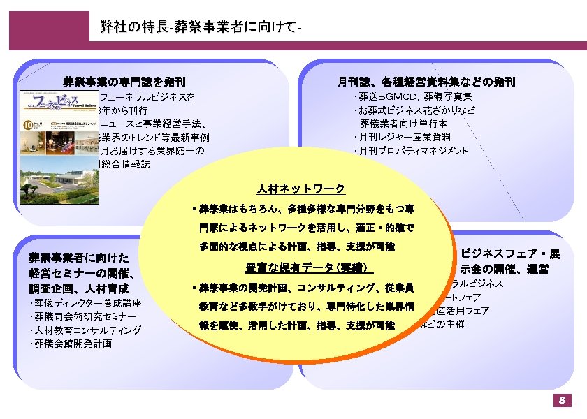 弊社の特長-葬祭事業者に向けて- 　　　葬祭事業の専門誌を発刊 　　月刊誌、各種経営資料集などの発刊 　　　　　　　・月刊フューネラルビジネスを 　　　　1998年から刊行 　　　　　　　・最新ニュースと事業経営手法、 　　　　葬祭業界のトレンド等最新事例 　　　　を毎月お届けする業界随一の 　　　　月刊総合情報誌 　　　　　　・葬送ＢＧＭＣＤ，葬儀写真集 　　　　　　・お葬式ビジネス花ざかりなど 　　　　　　　葬儀業者向け単行本 　　　　　　・月刊レジャー産業資料 　　　　　　・月刊プロパティマネジメント