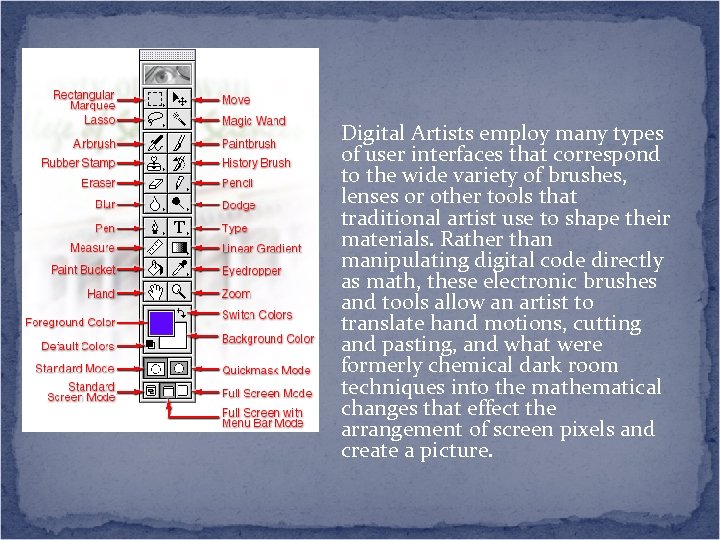 Digital Artists employ many types of user interfaces that correspond to the wide variety