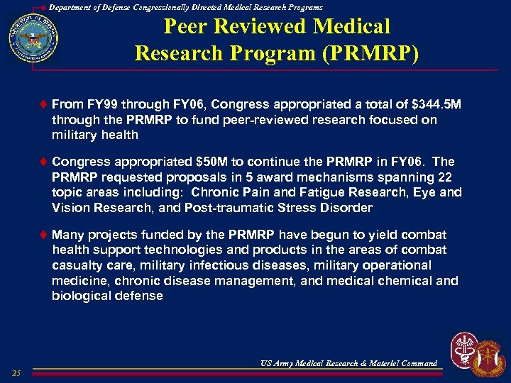 Department of Defense Congressionally Directed Medical Research Programs Peer Reviewed Medical Research Program (PRMRP)