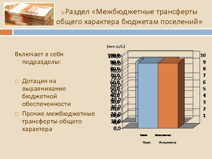 ь Раздел «Межбюджетные трансферты общего характера бюджетам поселений» (млн. руб. ) Включает в себя