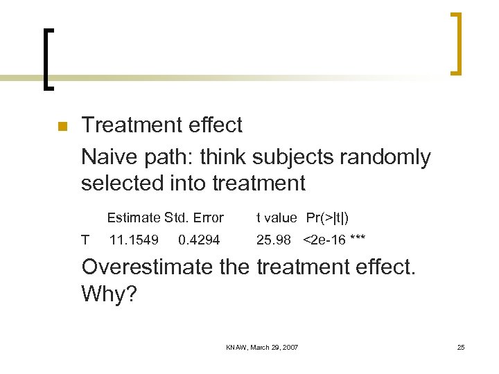 n Treatment effect Naive path: think subjects randomly selected into treatment Estimate Std. Error