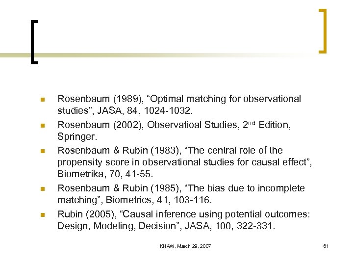 n n n Rosenbaum (1989), “Optimal matching for observational studies”, JASA, 84, 1024 -1032.