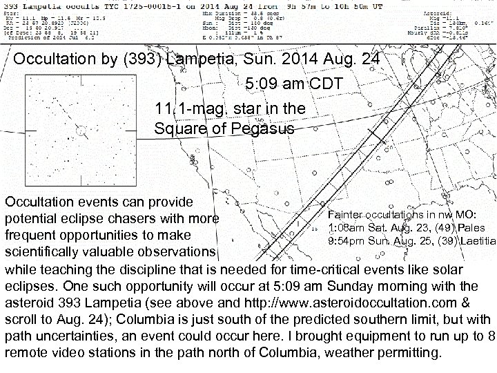 Occultation by (393) Lampetia, Sun. 2014 Aug. 24 5: 09 am CDT 11. 1