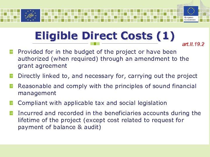 Eligible Direct Costs (1) art. II. 19. 2 Provided for in the budget of
