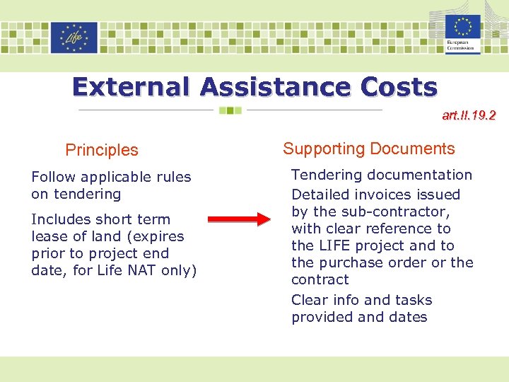 External Assistance Costs art. II. 19. 2 Principles Follow applicable rules on tendering Includes