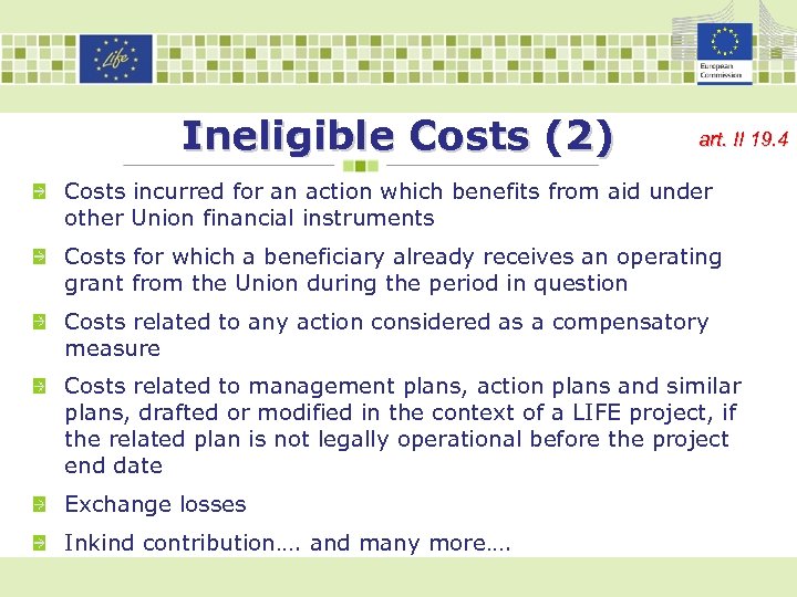 Ineligible Costs (2) art. II 19. 4 Costs incurred for an action which benefits