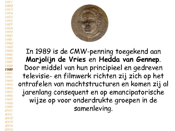 In 1989 is de CMW-penning toegekend aan Marjolijn de Vries en Hedda van Gennep.