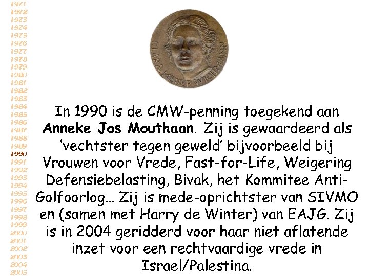 In 1990 is de CMW-penning toegekend aan Anneke Jos Mouthaan. Zij is gewaardeerd als