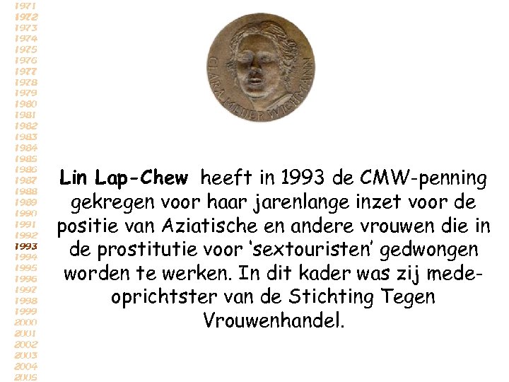 Lin Lap-Chew heeft in 1993 de CMW-penning gekregen voor haar jarenlange inzet voor de