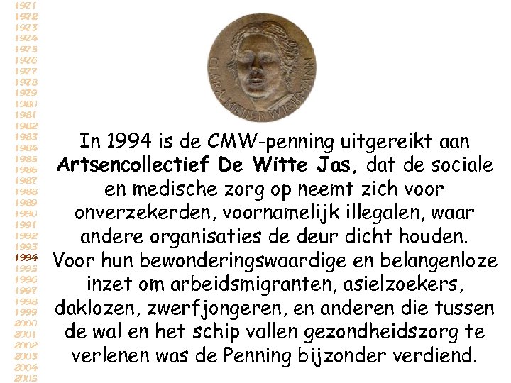 In 1994 is de CMW-penning uitgereikt aan Artsencollectief De Witte Jas, dat de sociale