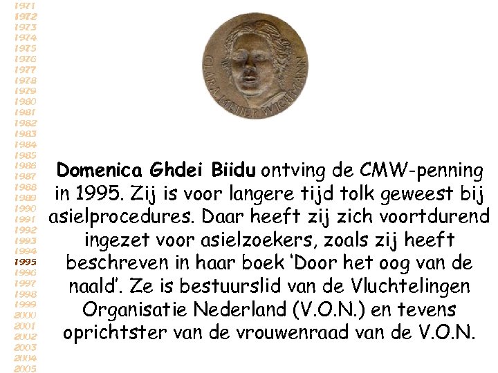 Domenica Ghdei Biidu ontving de CMW-penning in 1995. Zij is voor langere tijd tolk