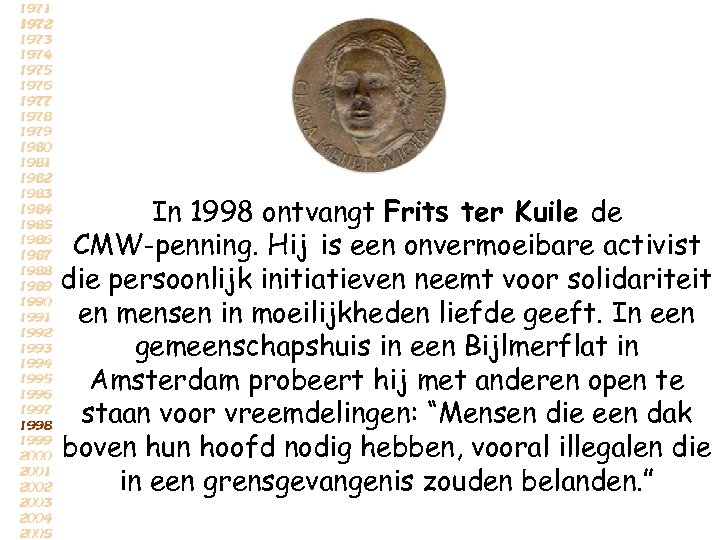 In 1998 ontvangt Frits ter Kuile de CMW-penning. Hij is een onvermoeibare activist die