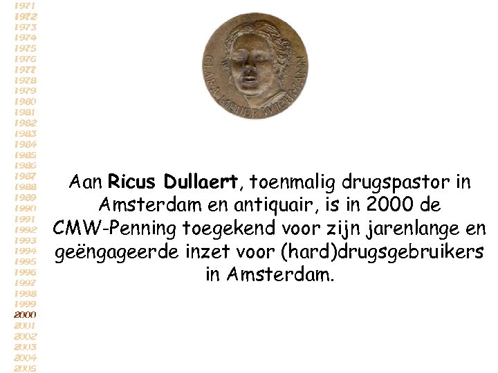 Aan Ricus Dullaert, toenmalig drugspastor in Amsterdam en antiquair, is in 2000 de CMW-Penning