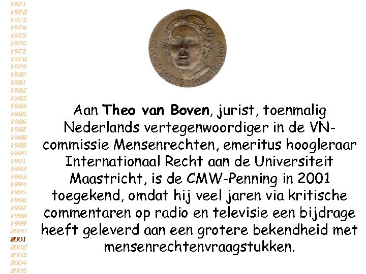 Aan Theo van Boven, jurist, toenmalig Nederlands vertegenwoordiger in de VNcommissie Mensenrechten, emeritus hoogleraar