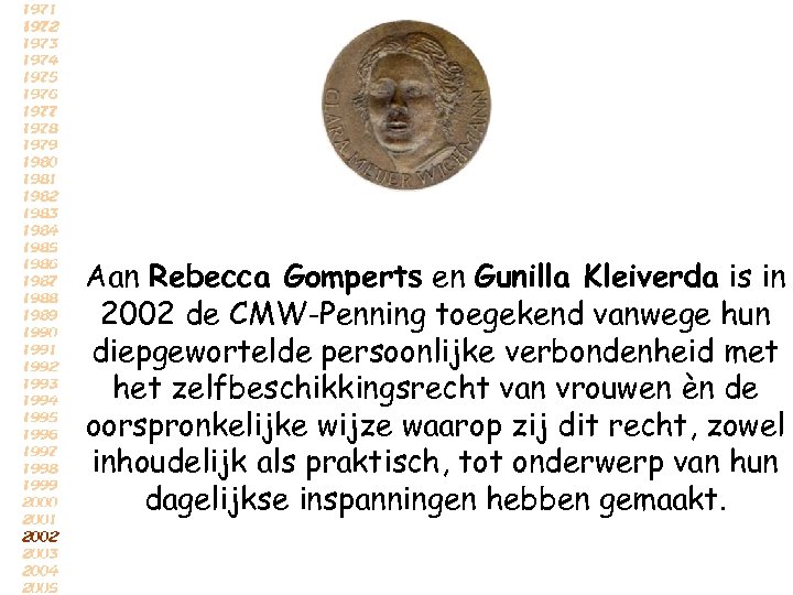 Aan Rebecca Gomperts en Gunilla Kleiverda is in 2002 de CMW-Penning toegekend vanwege hun