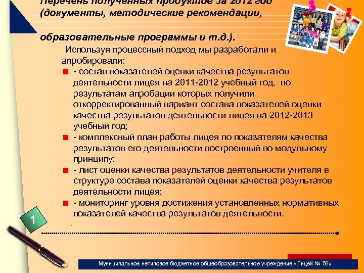 Перечень полученных продуктов за 2012 год (документы, методические рекомендации, образовательные программы и т. д.