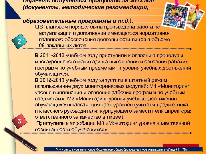 Перечень полученных продуктов за 2012 год (документы, методические рекомендации, образовательные программы и т. д.