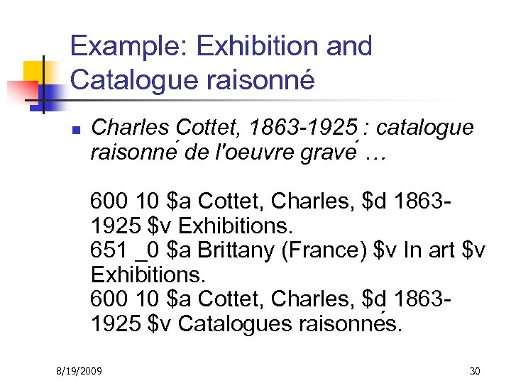Example: Exhibition and Catalogue raisonné n Charles Cottet, 1863 -1925 : catalogue raisonne de