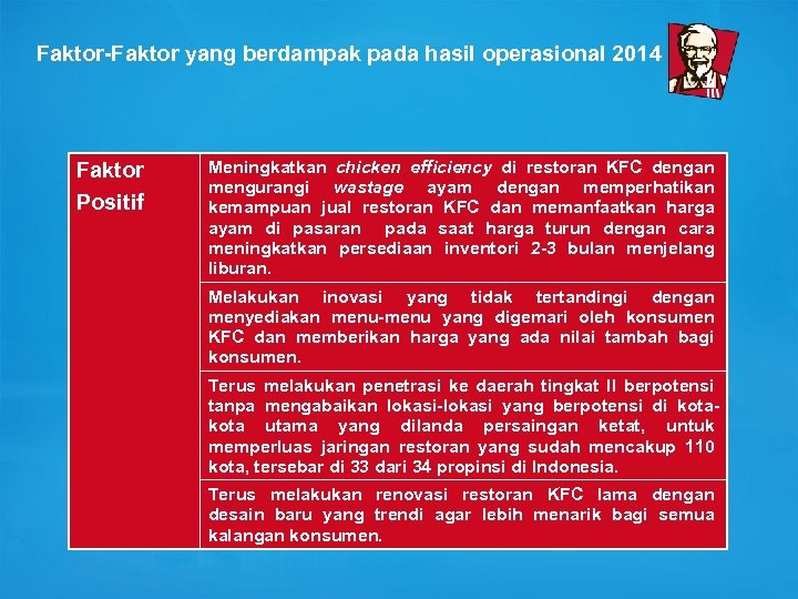 Faktor-Faktor yang berdampak pada hasil operasional 2014 Faktor Positif Meningkatkan chicken efficiency di restoran